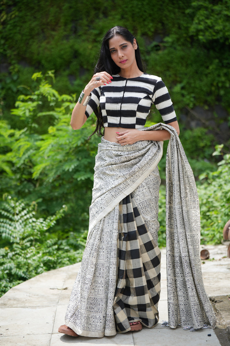 The Candy Stripe Blouse - Black and White Double Ikat Handloom Cotton