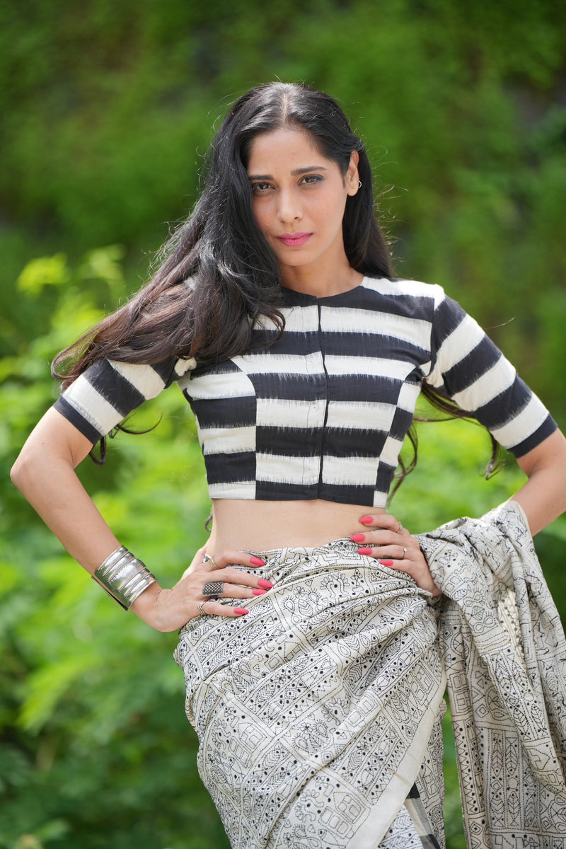 The Candy Stripe Blouse - Black and White Double Ikat Handloom Cotton