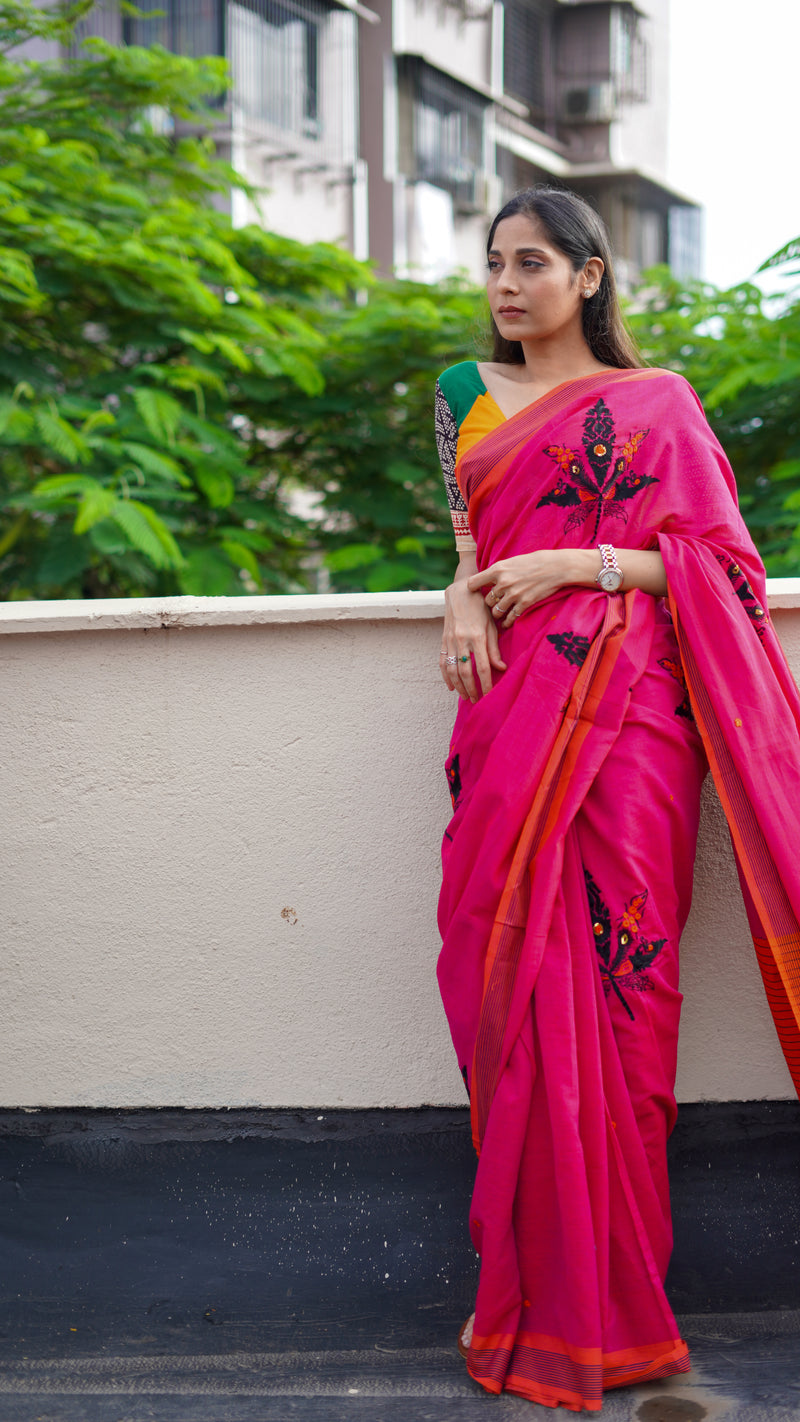 The Leaf Saree - Rani Pink/Orange