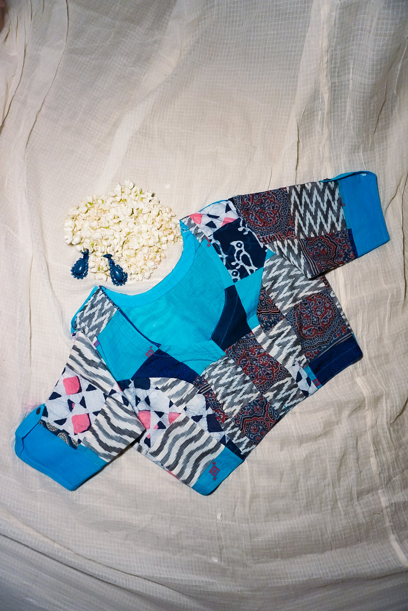 The QoH Patchwork Blouse - Sky Blue & Grey
