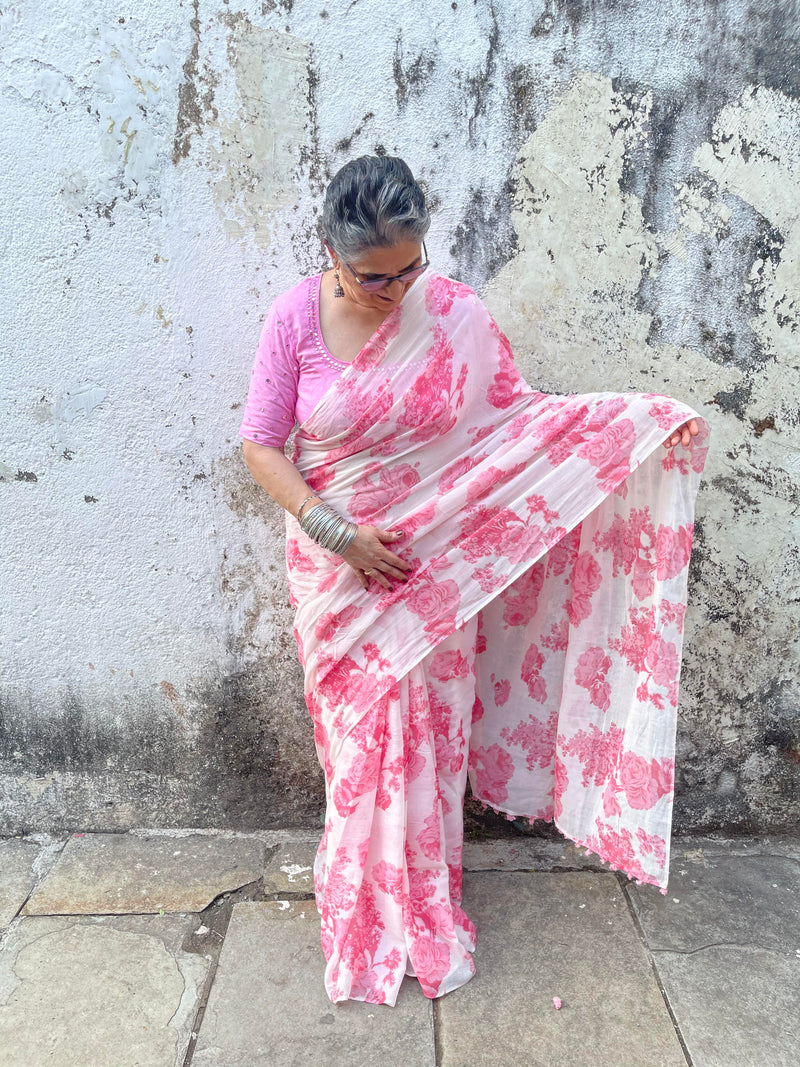 The Flower Power saree - White Pink